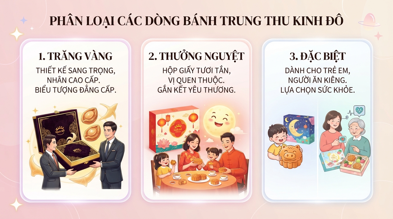 Phân loại các dòng bánh trung thu Kinh Đô theo thiết kế và đối tượng biếu tặng. Phân loại các dòng bánh trung thu Kinh Đô theo thiết kế và đối tượng biếu tặng.