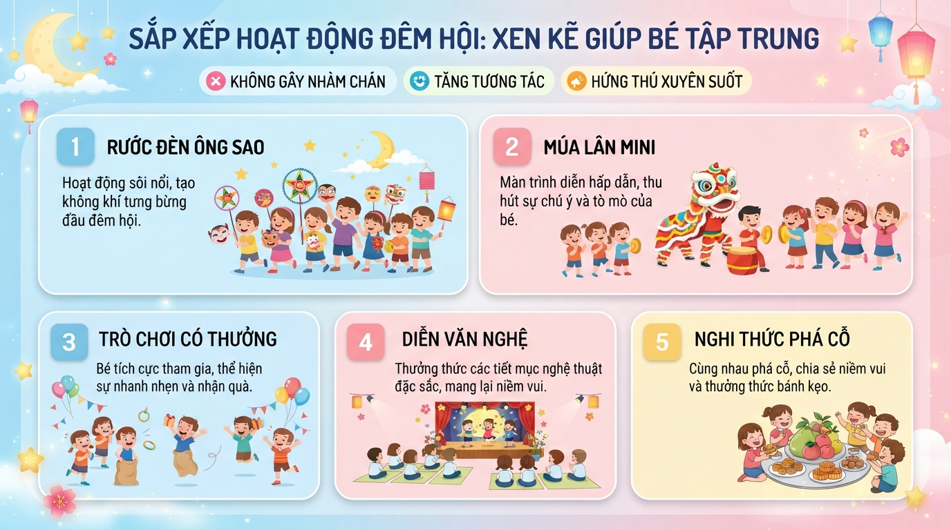 Sắp xếp xen kẽ trò chơi và văn nghệ giúp duy trì sự tập trung cho bé