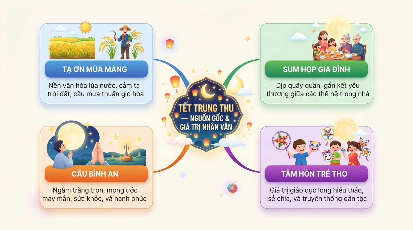 Sơ đồ 4 giá trị nhân văn và nguồn gốc lịch sử của ngày rằm tháng Tám. Sơ đồ 4 giá trị nhân văn và nguồn gốc lịch sử của ngày rằm tháng Tám