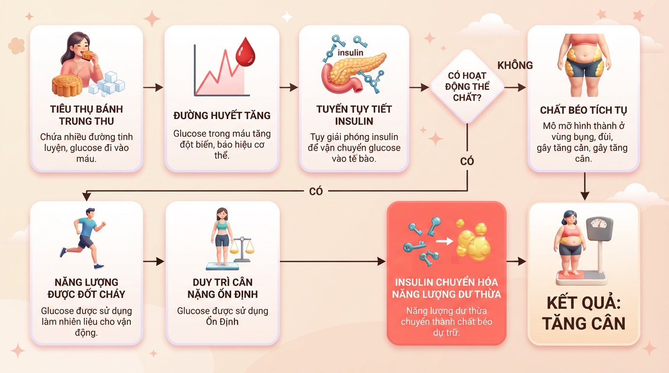Sơ đồ cơ chế chuyển hóa đường thành mỡ thừa khi cơ thể không tiêu hao hết năng lượng