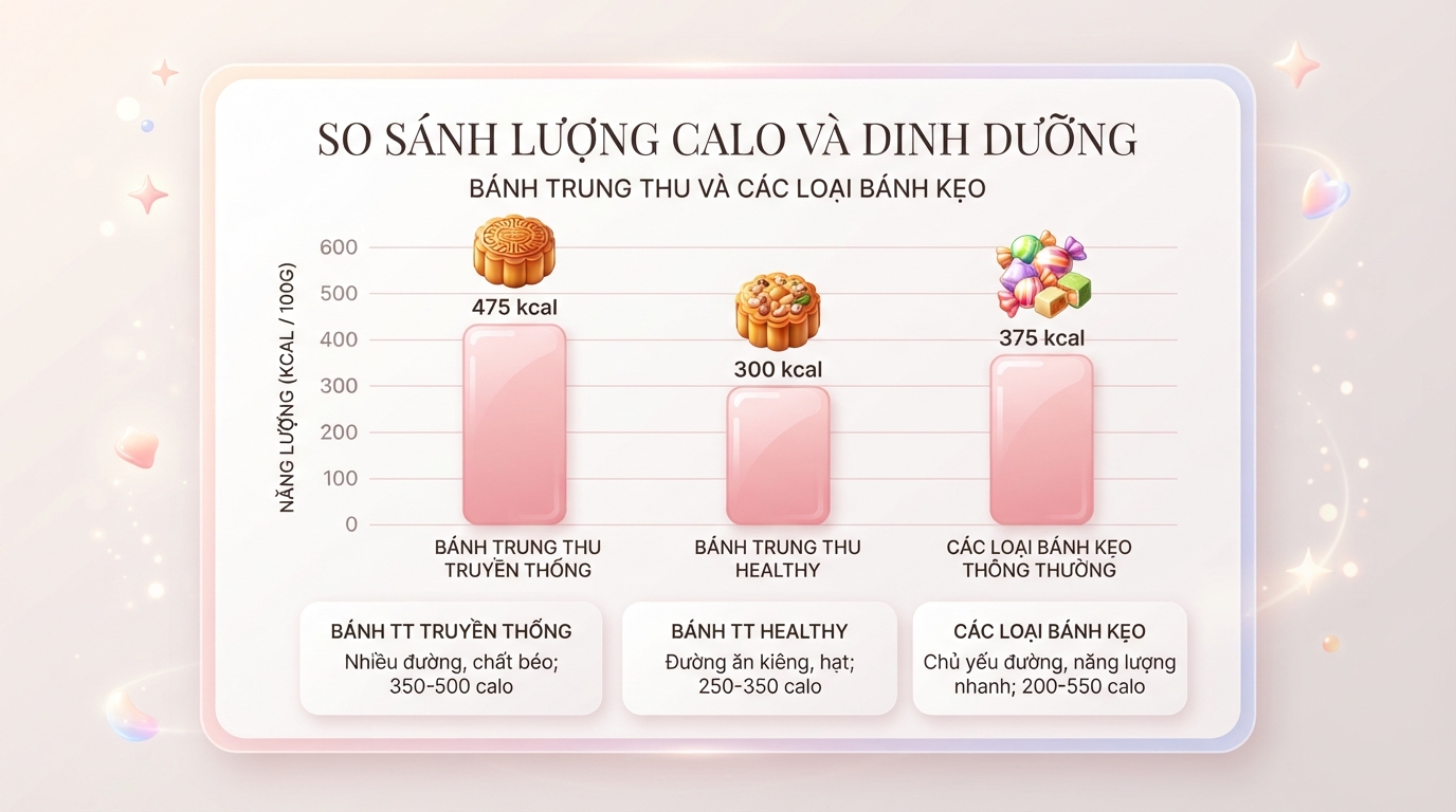 So sánh lượng calo và dinh dưỡng giữa bánh trung thu truyền thống, bánh healthy và bánh kẹo