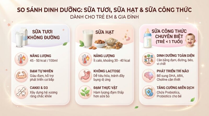 So sánh thành phần dinh dưỡng giữa sữa tươi không đường, sữa hạt và sữa công thức. So sánh thành phần dinh dưỡng giữa sữa tươi không đường, sữa hạt và sữa công thức.