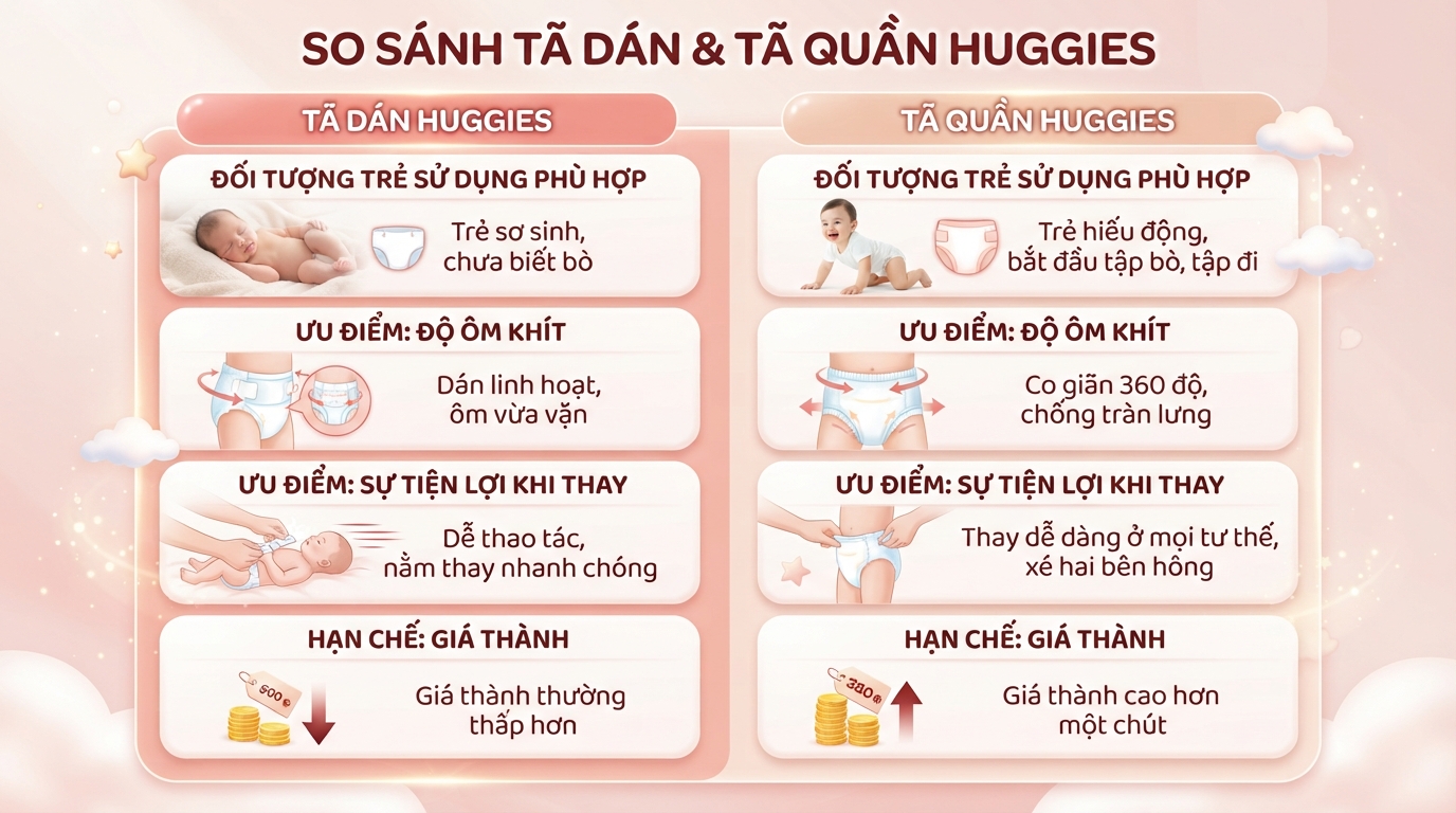 So sánh tính năng và đối tượng sử dụng của tã dán và tã quần Huggies. So sánh tính năng và đối tượng sử dụng của tã dán và tã quần Huggies
