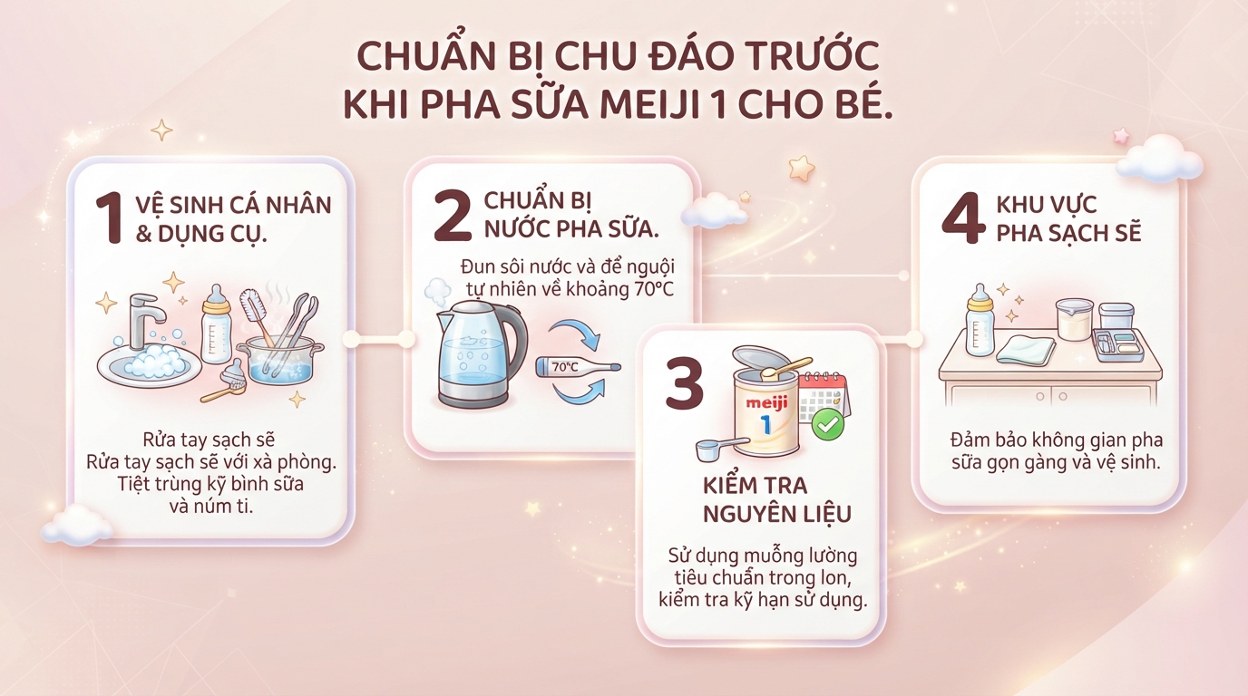 Cách pha sữa Meiji 1 chuẩn khoa học, giữ trọn dinh dưỡng cho bé
