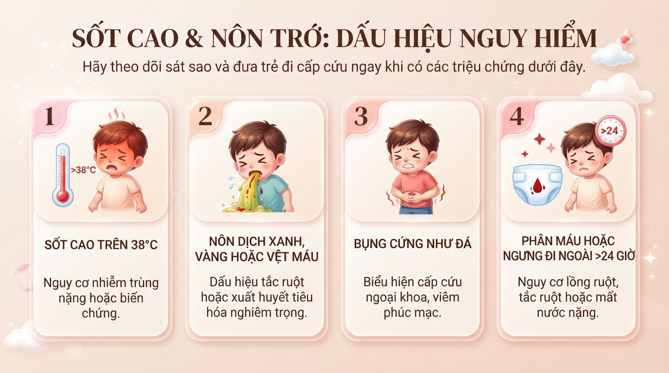 Sốt cao và nôn trớ dịch xanh là tín hiệu cảnh báo bệnh lý nguy hiểm. Sốt cao và nôn trớ dịch xanh là tín hiệu cảnh báo bệnh lý nguy hiểm.