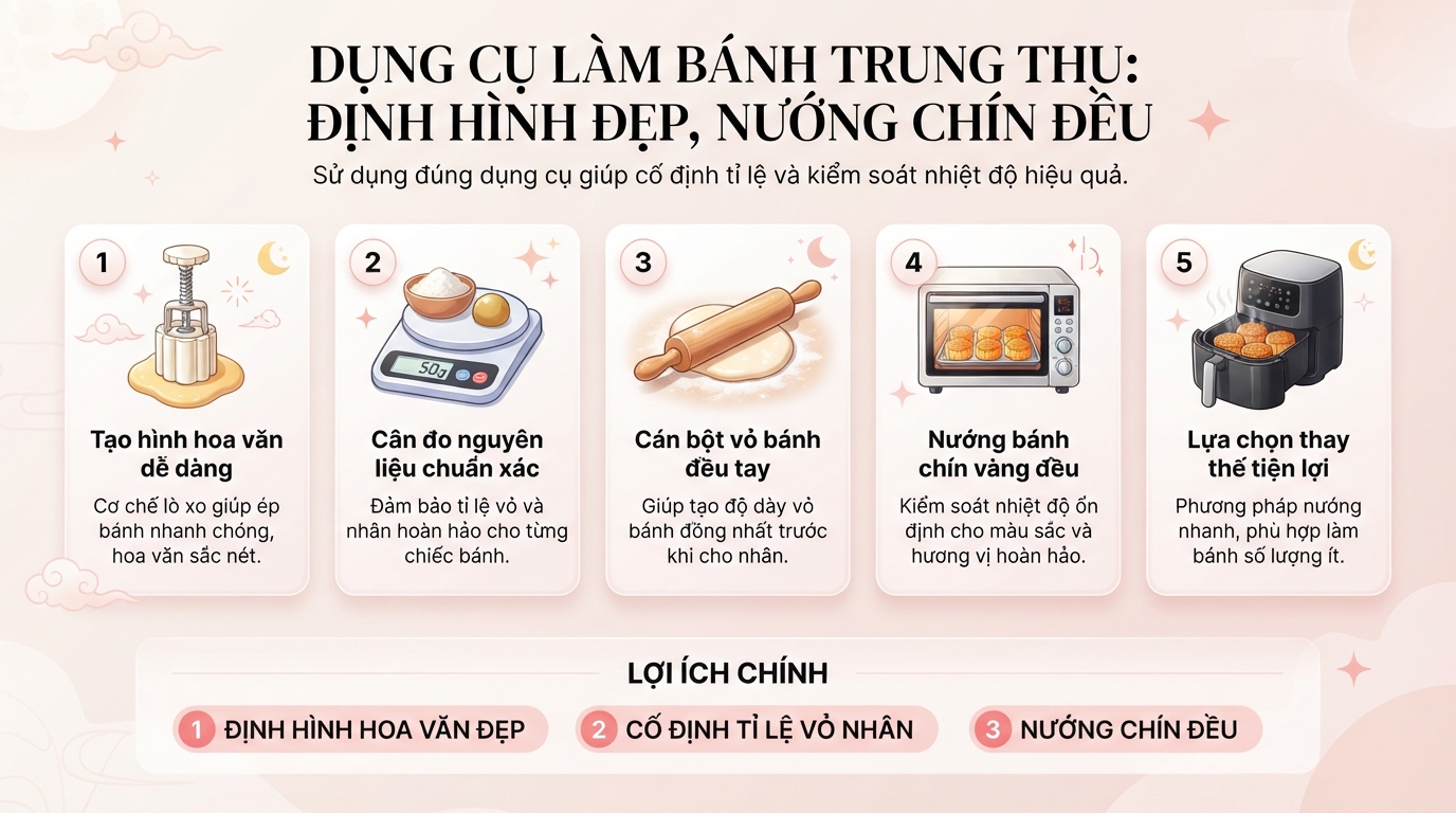 Sử dụng đúng dụng cụ giúp định hình hoa văn và kiểm soát nhiệt độ nướng. Sử dụng đúng dụng cụ giúp định hình hoa văn và kiểm soát nhiệt độ nướng.