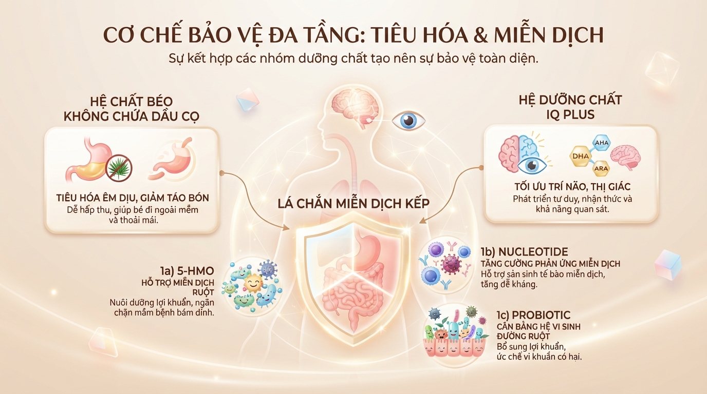 Sự kết hợp các nhóm dưỡng chất tạo nên cơ chế bảo vệ tiêu hóa và miễn dịch đa tầng.
