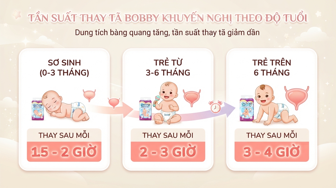 Tần suất thay tã khuyến nghị giảm dần khi bé lớn và dung tích bàng quang tăng. Tần suất thay tã khuyến nghị giảm dần khi bé lớn và dung tích bàng quang tăng.