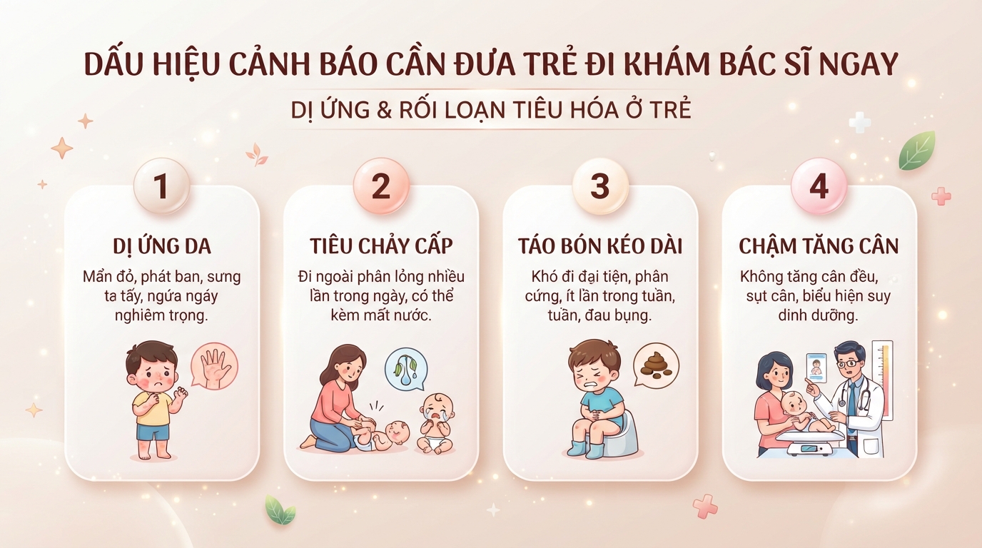 Thăm khám y tế ngay khi trẻ có triệu chứng dị ứng hoặc rối loạn tiêu hóa. Thăm khám y tế ngay khi trẻ có triệu chứng dị ứng hoặc rối loạn tiêu hóa