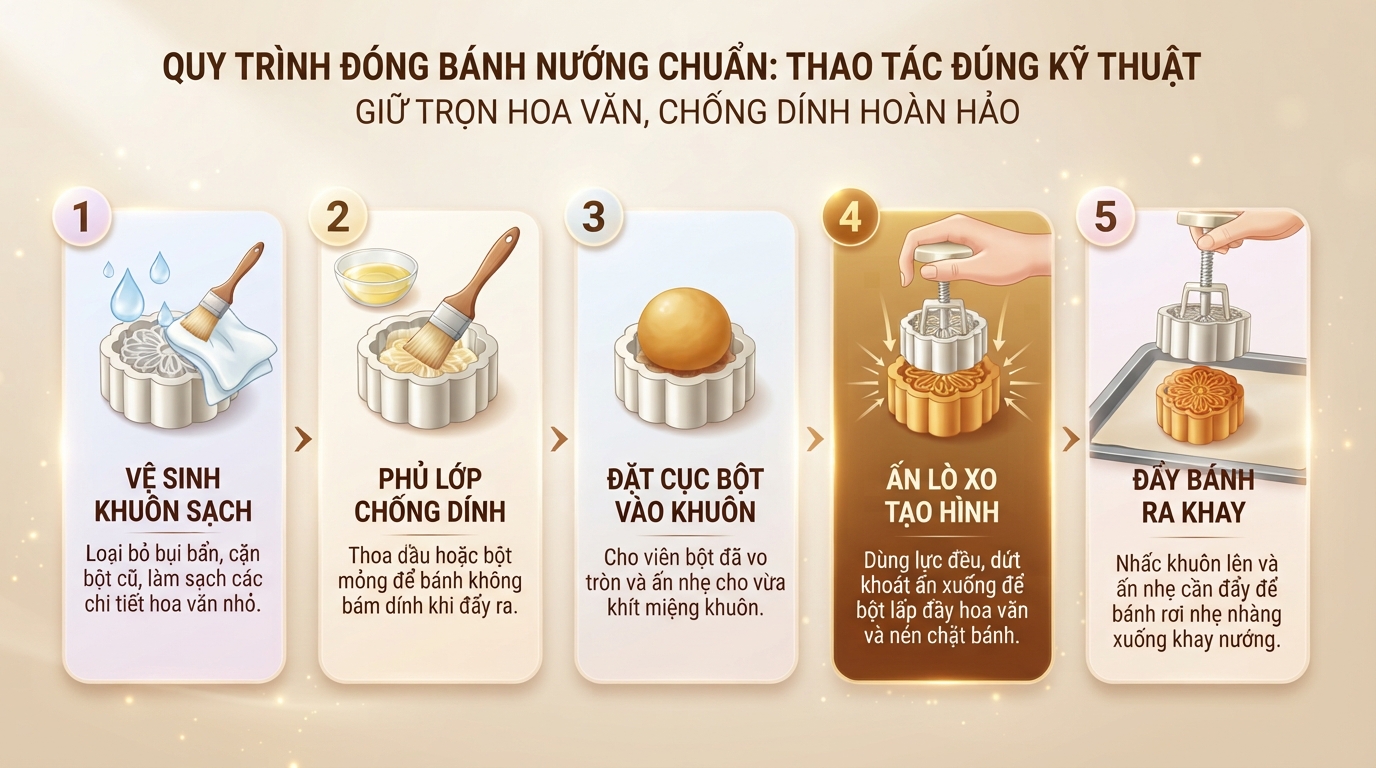 Thao tác đúng kỹ thuật giúp lớp vỏ nướng giữ trọn hoa văn và không dính. Thao tác đúng kỹ thuật giúp lớp vỏ nướng giữ trọn hoa văn và không dính
