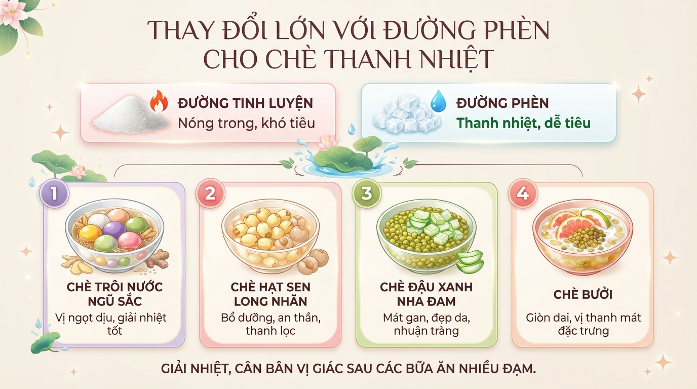 Thay đường tinh luyện bằng đường phèn giúp món chè thanh nhiệt và dễ tiêu hơn.