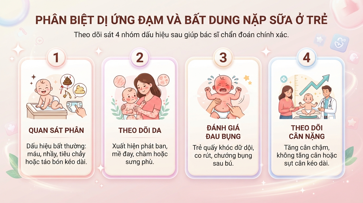 Theo dõi sát phân và da của trẻ giúp bác sĩ phân biệt dị ứng đạm với bất dung nạp. Theo dõi sát phân và da của trẻ giúp bác sĩ phân biệt dị ứng đạm với bất dung nạp.