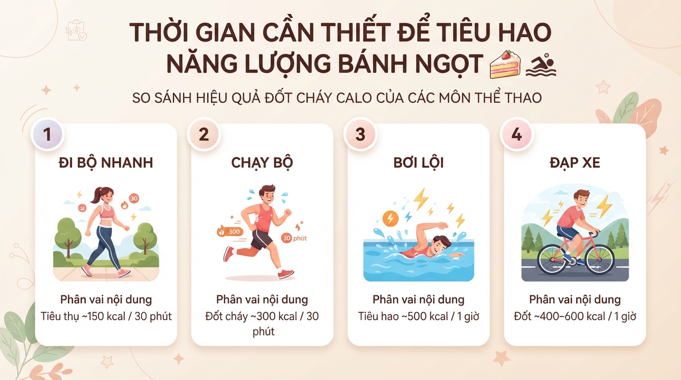 Thời gian các hoạt động thể thao cần thiết để đốt cháy lượng calo nạp vào từ bánh