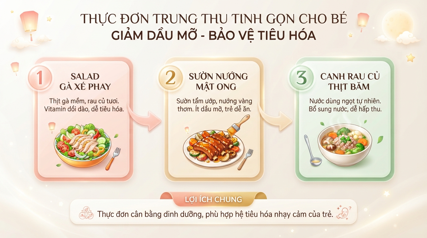 Thực đơn hiện đại tinh gọn giúp giảm dầu mỡ và bảo vệ tiêu hóa của bé.