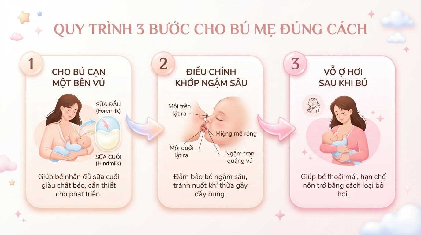 Thực hiện đúng ba bước cho bú giúp bé hấp thụ trọn vẹn dinh dưỡng. Thực hiện đúng ba bước cho bú giúp bé hấp thụ trọn vẹn dinh dưỡng.