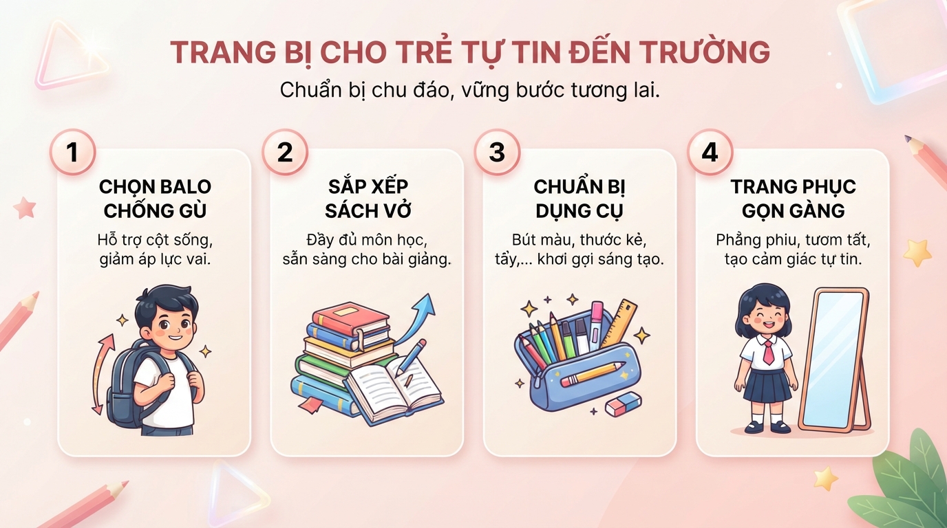 Trang bị balo chống gù cùng dụng cụ học tập phù hợp giúp trẻ tự tin đi học