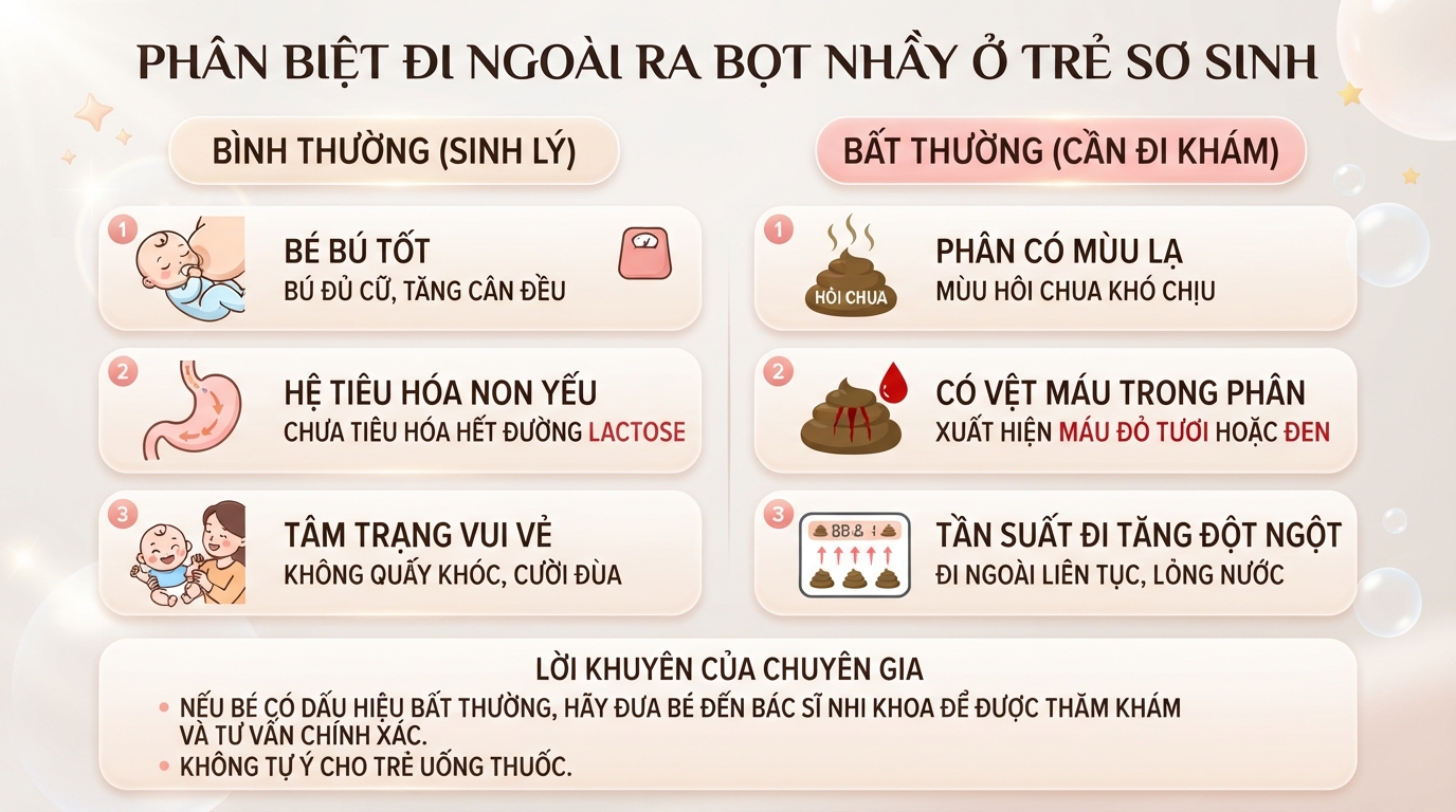 Trẻ sơ sinh đi ngoài ra bọt nhầy vẫn bình thường nếu bé bú ngoan, tăng cân và không quấy khóc.