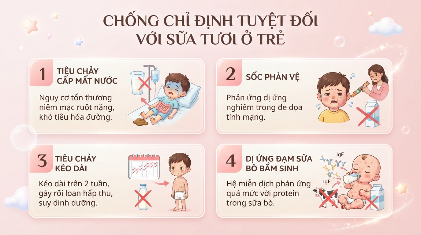 Trẻ tiêu chảy cấp mất nước cần dừng ngay sữa tươi để tránh tổn thương niêm mạc ruột nặng. Trẻ tiêu chảy cấp mất nước cần dừng ngay sữa tươi để tránh tổn thương niêm mạc ruột nặng.