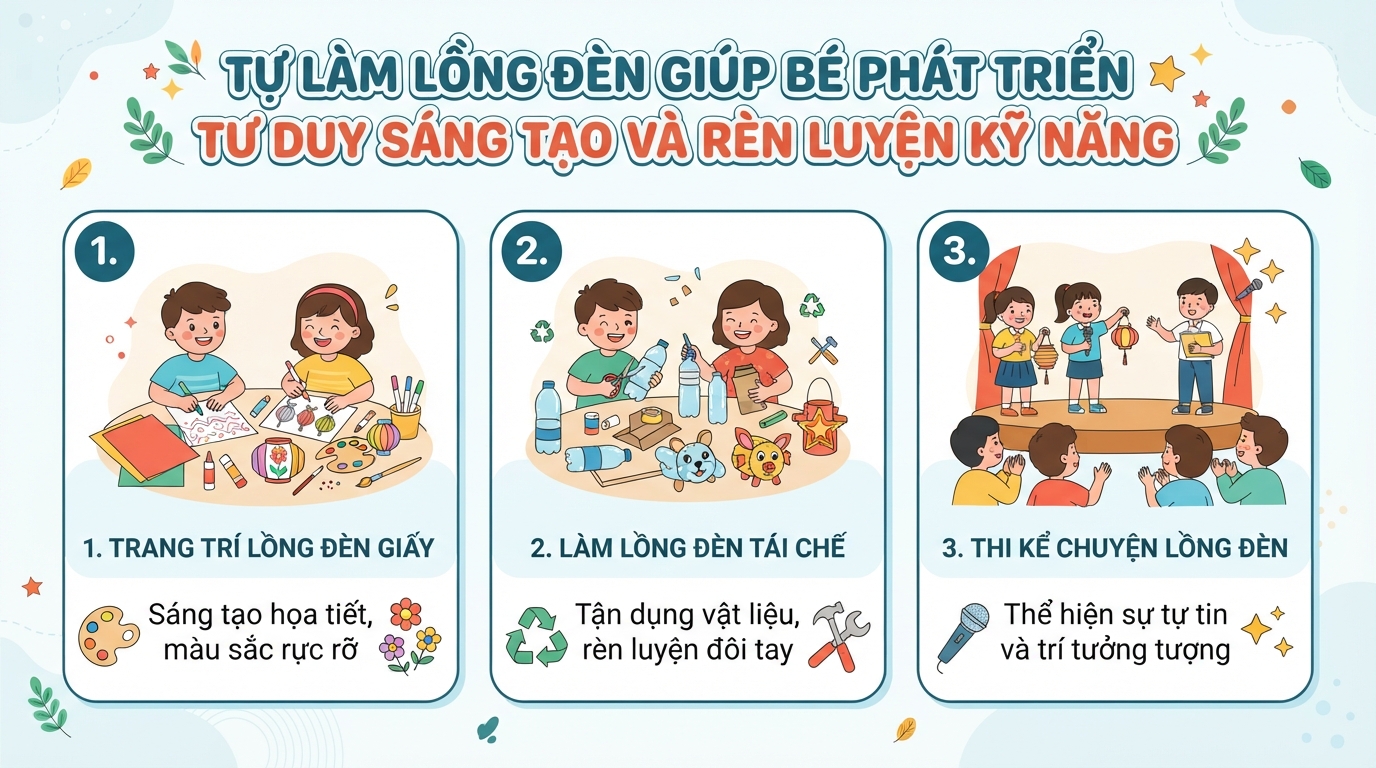 Tự làm lồng đèn giúp bé phát triển tư duy sáng tạo và rèn luyện kỹ năng. Tự làm lồng đèn giúp bé phát triển tư duy sáng tạo và rèn luyện kỹ năng.
