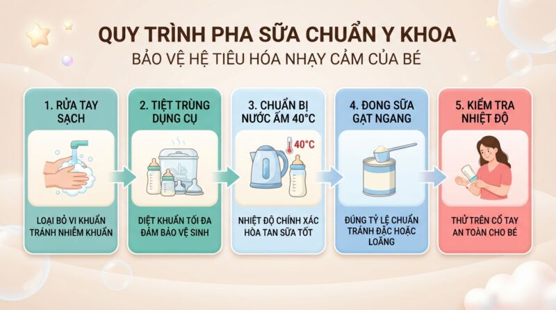 Tuân thủ các bước pha chế chuẩn giúp bảo vệ hệ tiêu hóa nhạy cảm của bé. Tuân thủ các bước pha chế chuẩn giúp bảo vệ hệ tiêu hóa nhạy cảm của bé
