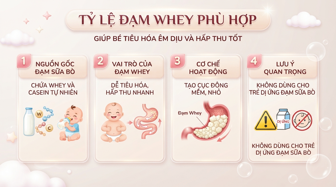 Tỷ lệ đạm whey phù hợp giúp bé tiêu hóa êm dịu và hấp thu dưỡng chất hiệu quả.
