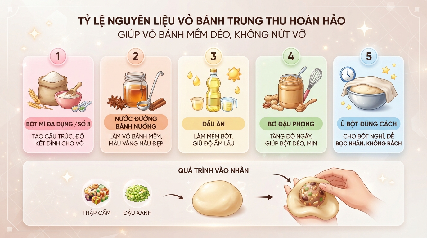 Tỷ lệ nguyên liệu vỏ chuẩn giúp cách làm bánh trung thu đạt vỏ mềm dẻo. Tỷ lệ nguyên liệu vỏ chuẩn giúp cách làm bánh trung thu đạt vỏ mềm dẻo.