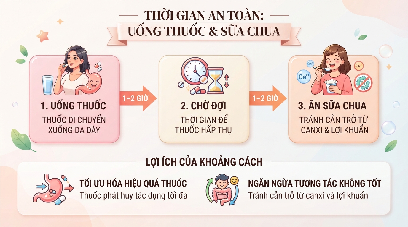 Uống thuốc xong bao lâu được uống sữa chua? Câu trả lời là nên cách nhau 1-2 giờ. Uống thuốc xong bao lâu được uống sữa chua? Câu trả lời là nên cách nhau 1-2 giờ.