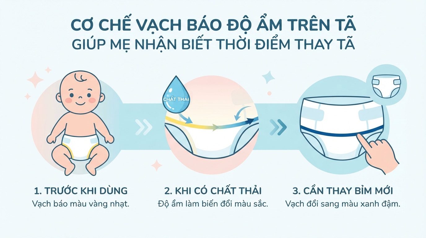 Vạch đổi màu theo độ ẩm dưới đáy tã báo hiệu thời điểm cần thay bỉm mới. Vạch đổi màu theo độ ẩm dưới đáy tã báo hiệu thời điểm cần thay bỉm mới.