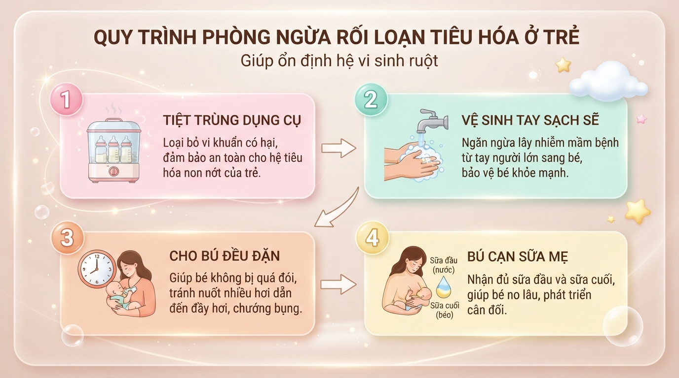 Vệ sinh đồ dùng và cho bú đúng kỹ thuật giúp ổn định hệ vi sinh ruột.