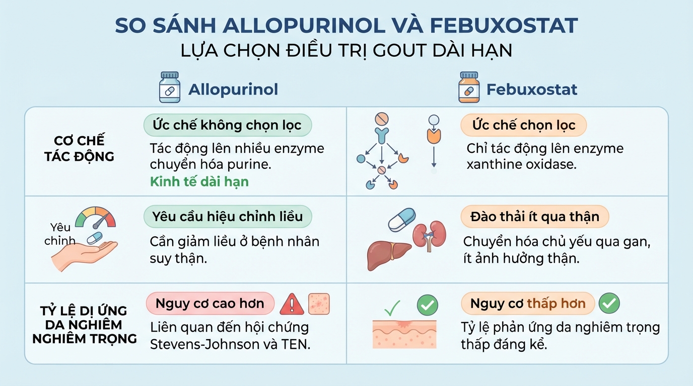 Allopurinol là lựa chọn kinh tế dài hạn dù Febuxostat ít gây dị ứng da hơn.