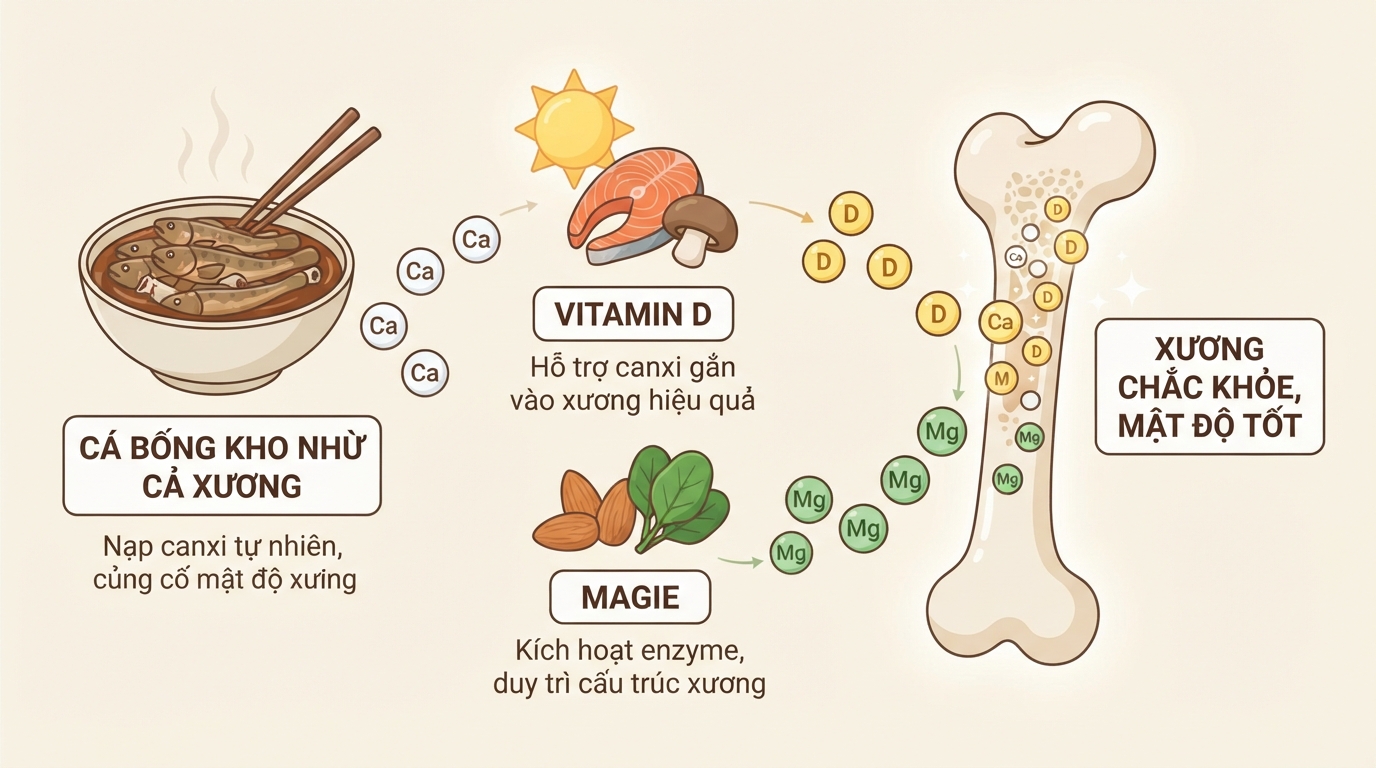 Ăn cá bống cùng thực phẩm giàu vitamin D giúp tối ưu hóa quá trình hấp thụ canxi.