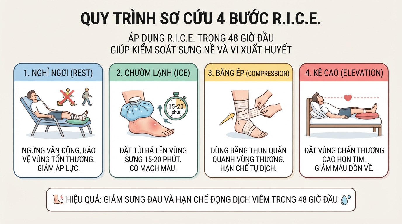 Áp dụng R.I.C.E trong 48 giờ đầu giúp kiểm soát sưng nề và vi xuất huyết. Áp dụng R.I.C.E trong 48 giờ đầu giúp kiểm soát sưng nề và vi xuất huyết.