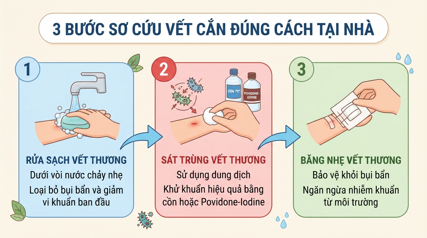 Ba bước sơ cứu vết cắn đúng cách tại nhà giúp tránh nhiễm khuẩn.
