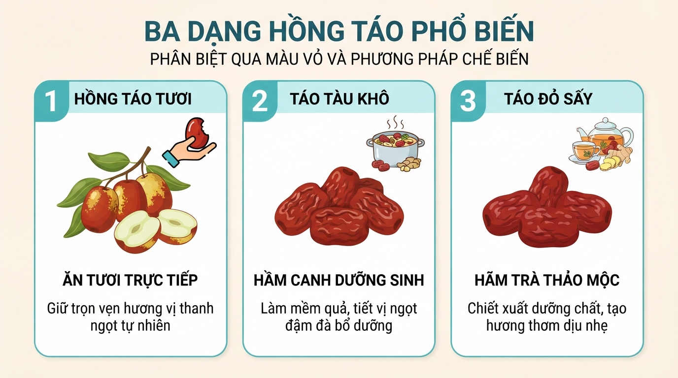 Ba dạng hồng táo phổ biến được phân biệt qua màu vỏ và phương pháp chế biến.
