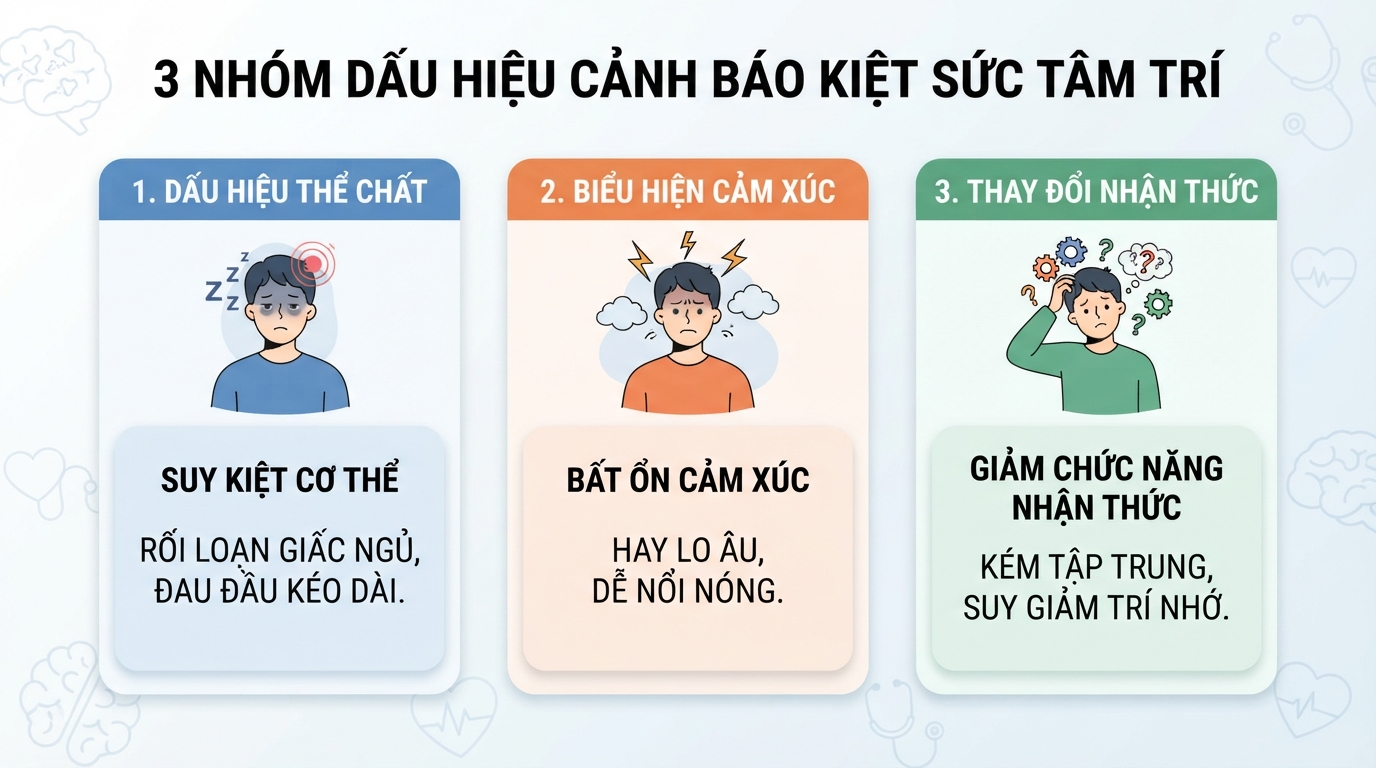 Ba nhóm biểu hiện cảnh báo tâm trí đang rơi vào trạng thái kiệt sức.