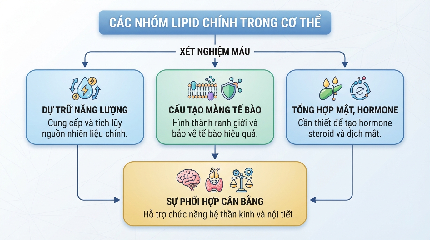 Ba nhóm chất béo lipid chính gồm triglyceride, phospholipid và cholesterol trong cơ thể.