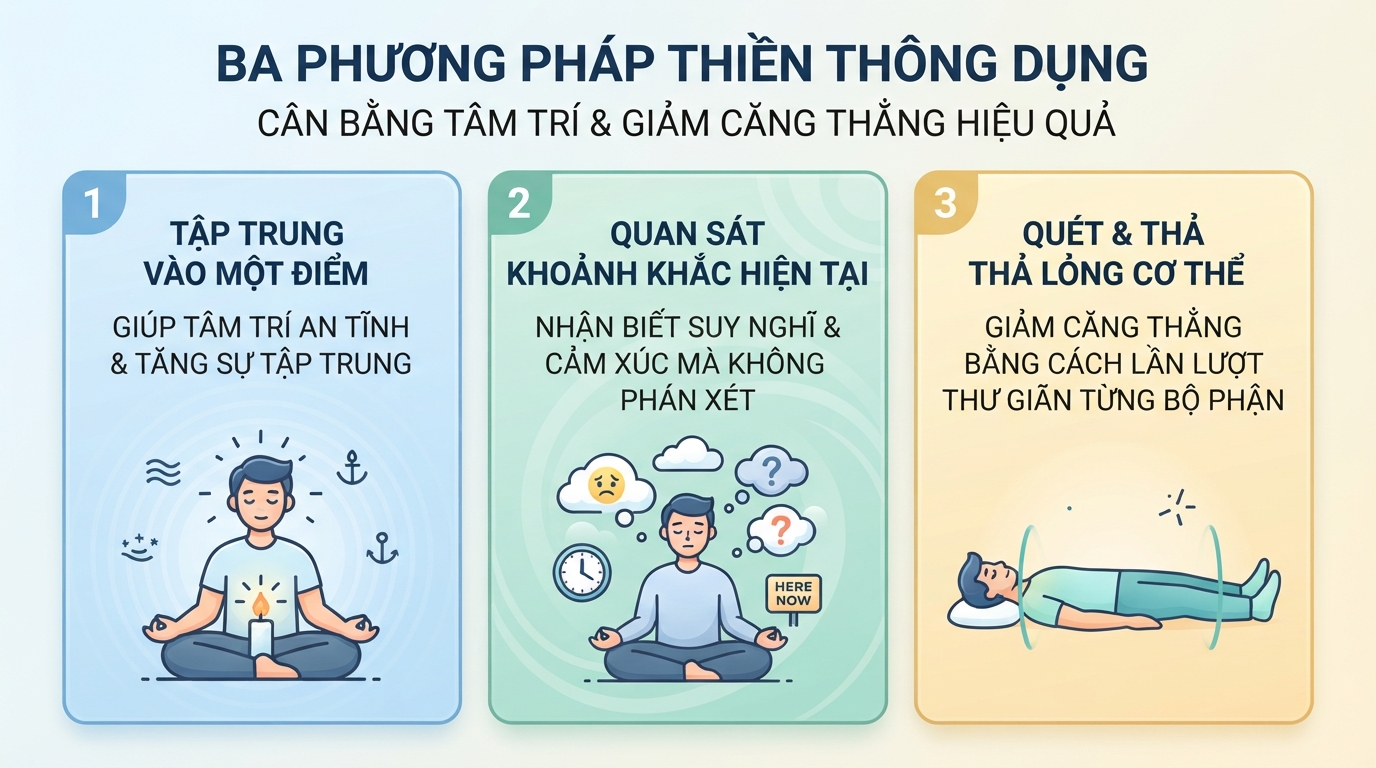 Ba phương pháp thiền thông dụng giúp cân bằng tâm trí và giảm căng thẳng hiệu quả.