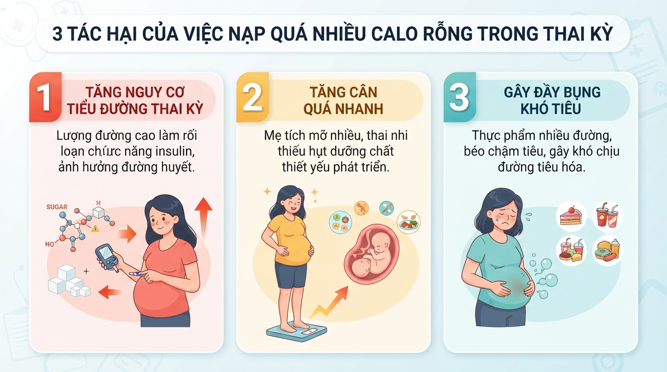 Ba tác động tiêu cực đến thai kỳ khi mẹ bầu nạp quá nhiều calo rỗng.