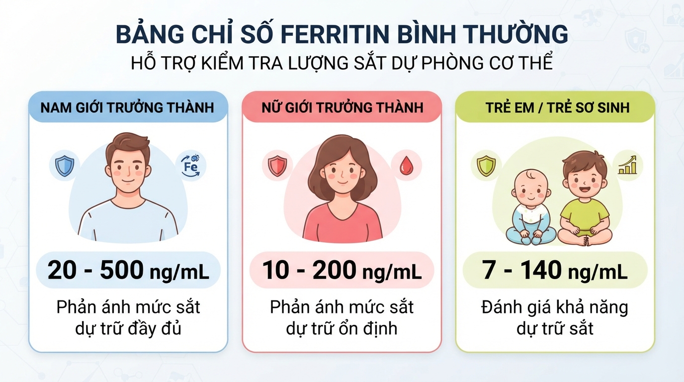 Bảng chỉ số ferritin bình thường hỗ trợ kiểm tra lượng sắt dự phòng cơ thể.