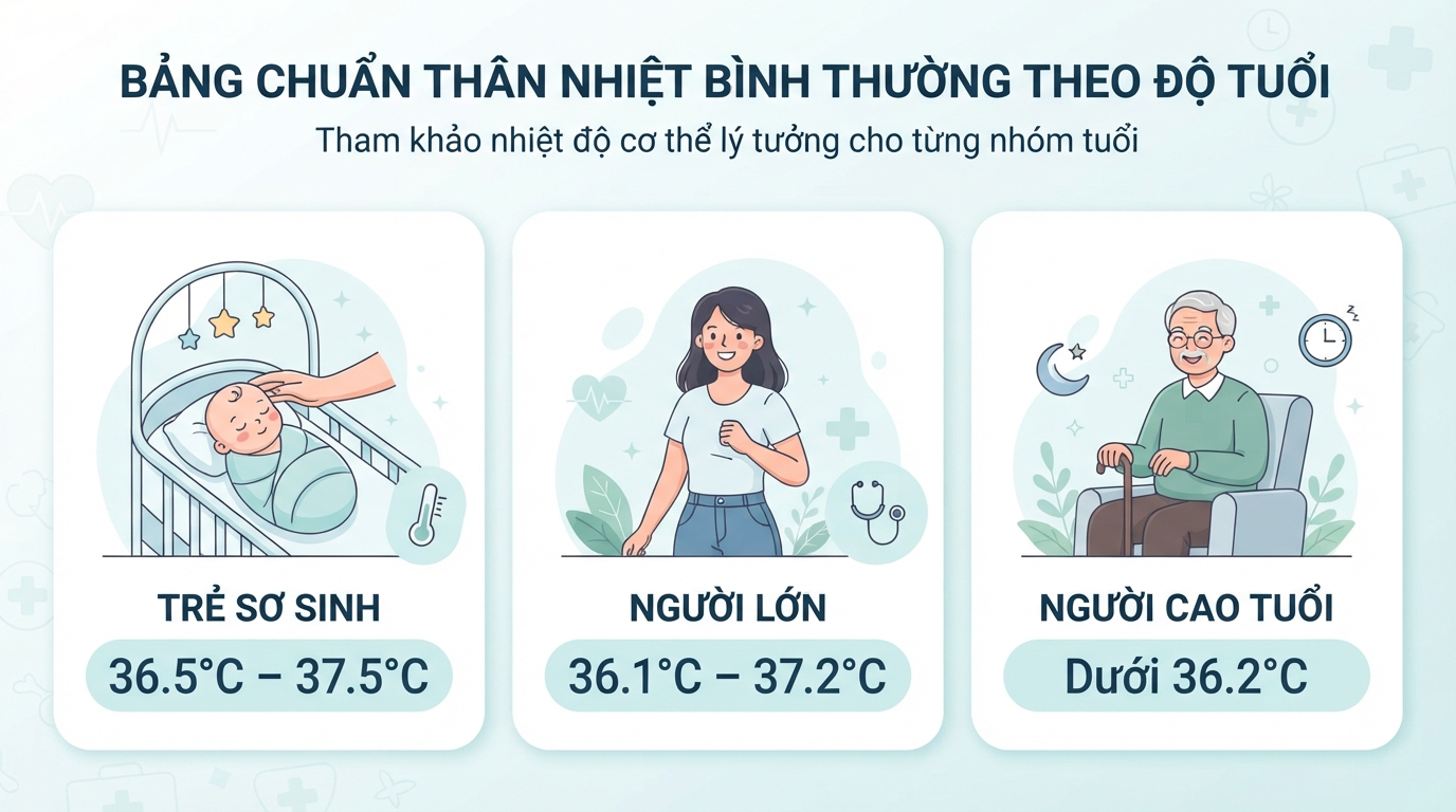 Bảng chuẩn thân nhiệt bao nhiêu độ là bình thường theo từng nhóm tuổi.