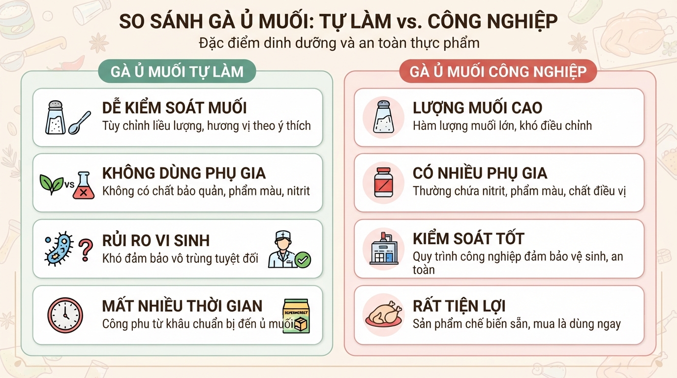Bảng đối chiếu đặc điểm dinh dưỡng giữa gà ủ muối tự làm và công nghiệp.