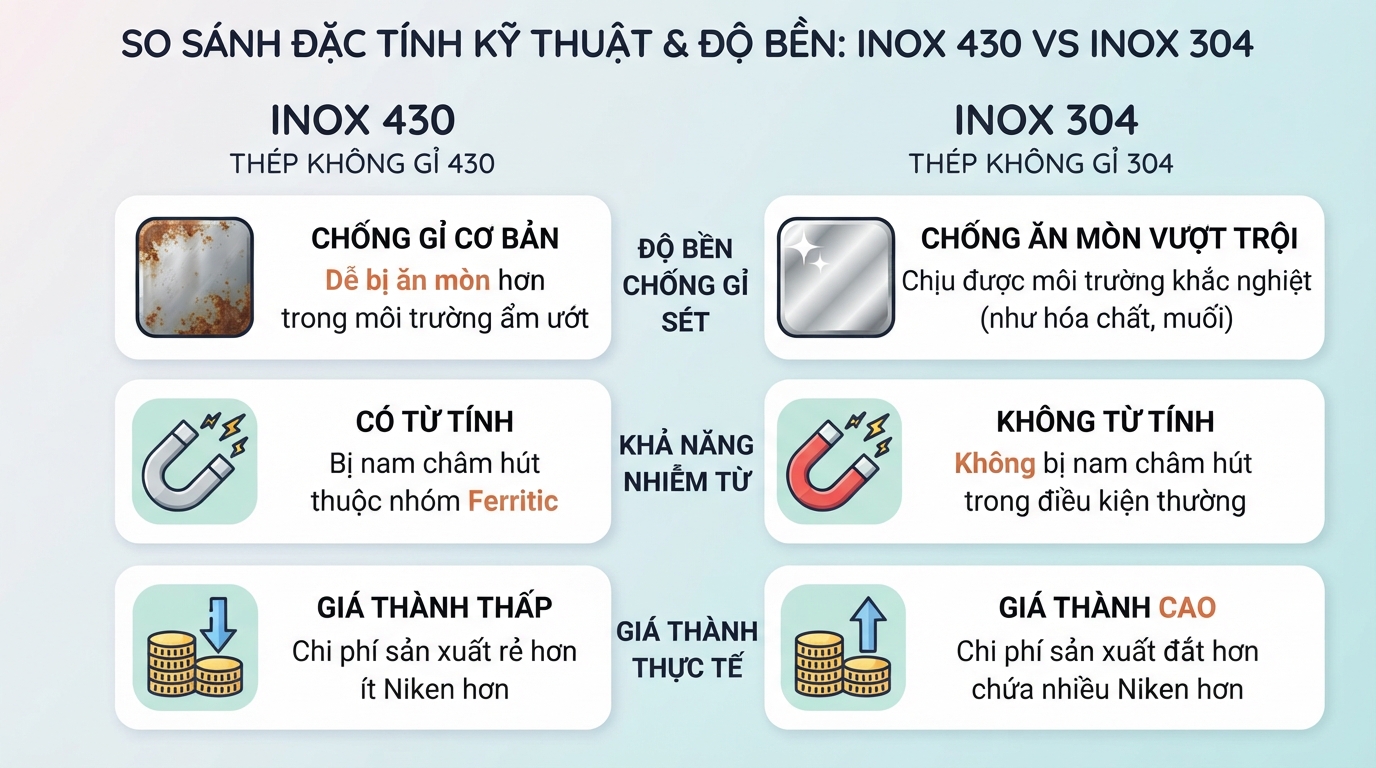 Bảng đối chiếu đặc tính kỹ thuật và độ bền giữa inox 430 và 304.