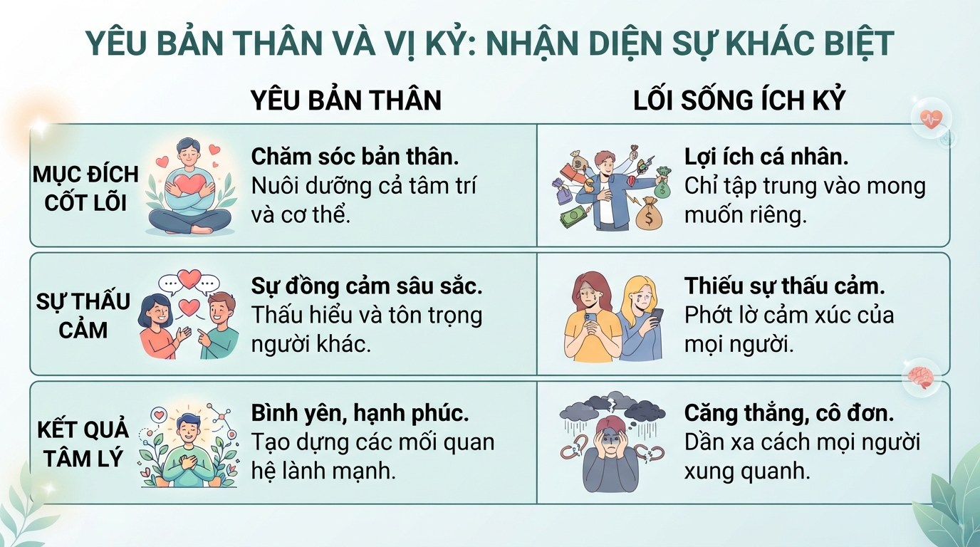 Bảng đối chiếu giúp nhận diện rõ sự khác biệt giữa yêu bản thân và vị kỷ.