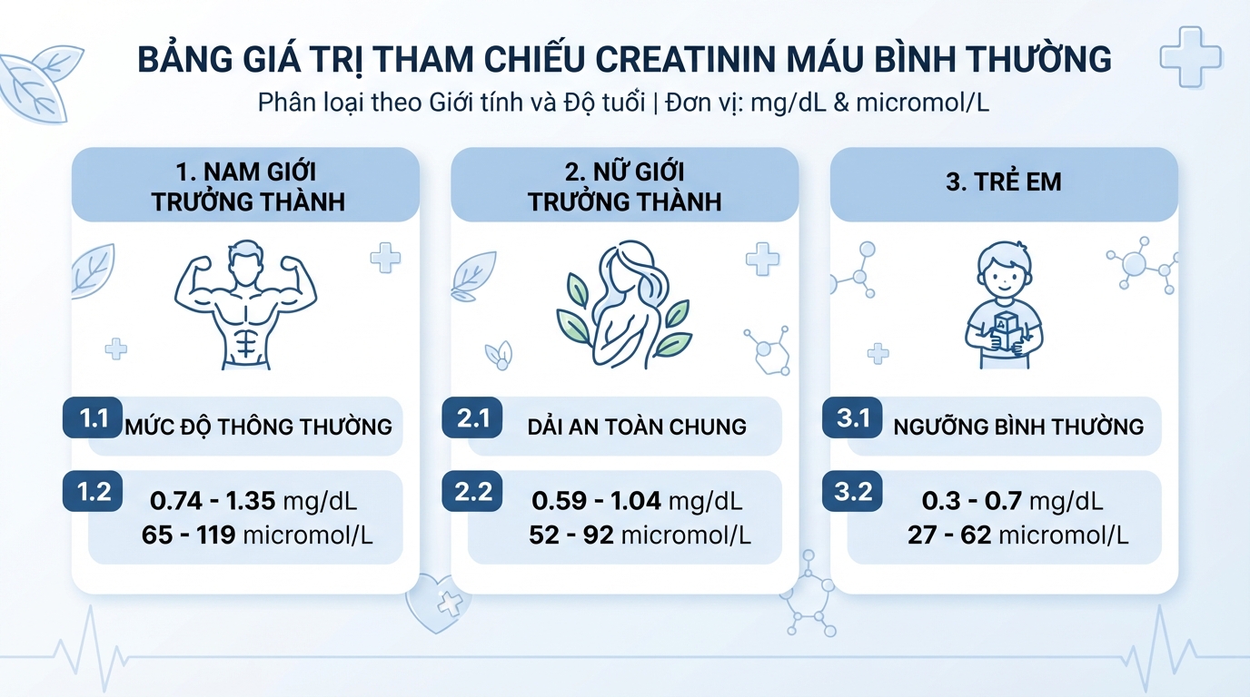 Bảng giá trị tham chiếu nồng độ creatinin máu bình thường phân loại theo giới tính và độ tuổi.