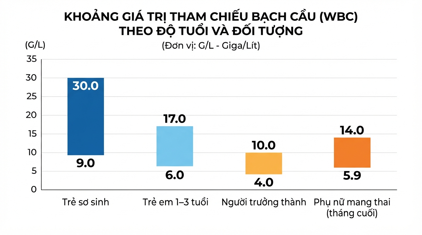 Bảng khoảng giá trị giúp giải đáp wbc trong xét nghiệm máu là gì theo từng độ tuổi.