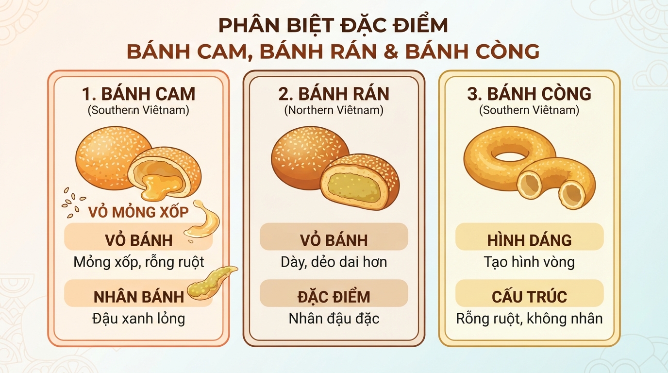 Bảng phân biệt đặc điểm bánh cam, bánh rán và bánh còng. Bảng phân biệt đặc điểm bánh cam, bánh rán và bánh còng.