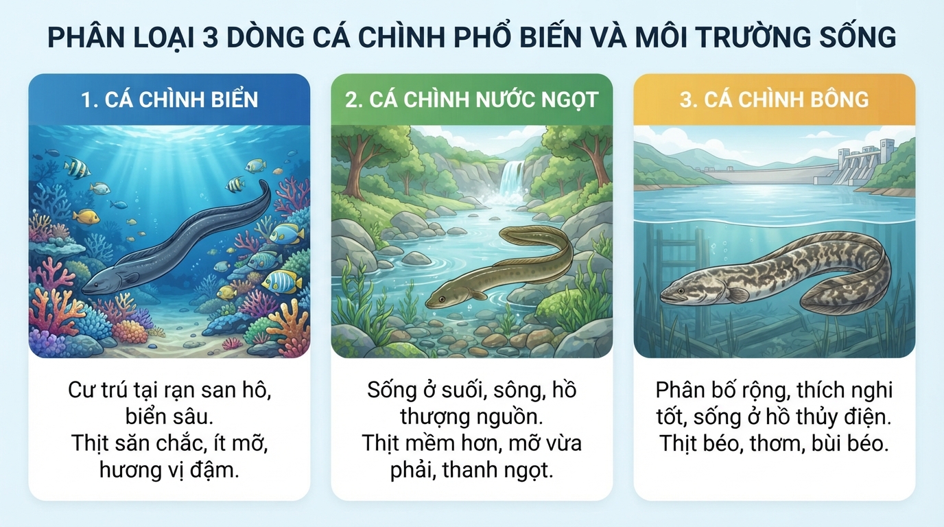 Bảng phân loại 3 dòng cá chình phổ biến cùng môi trường sống đặc trưng.