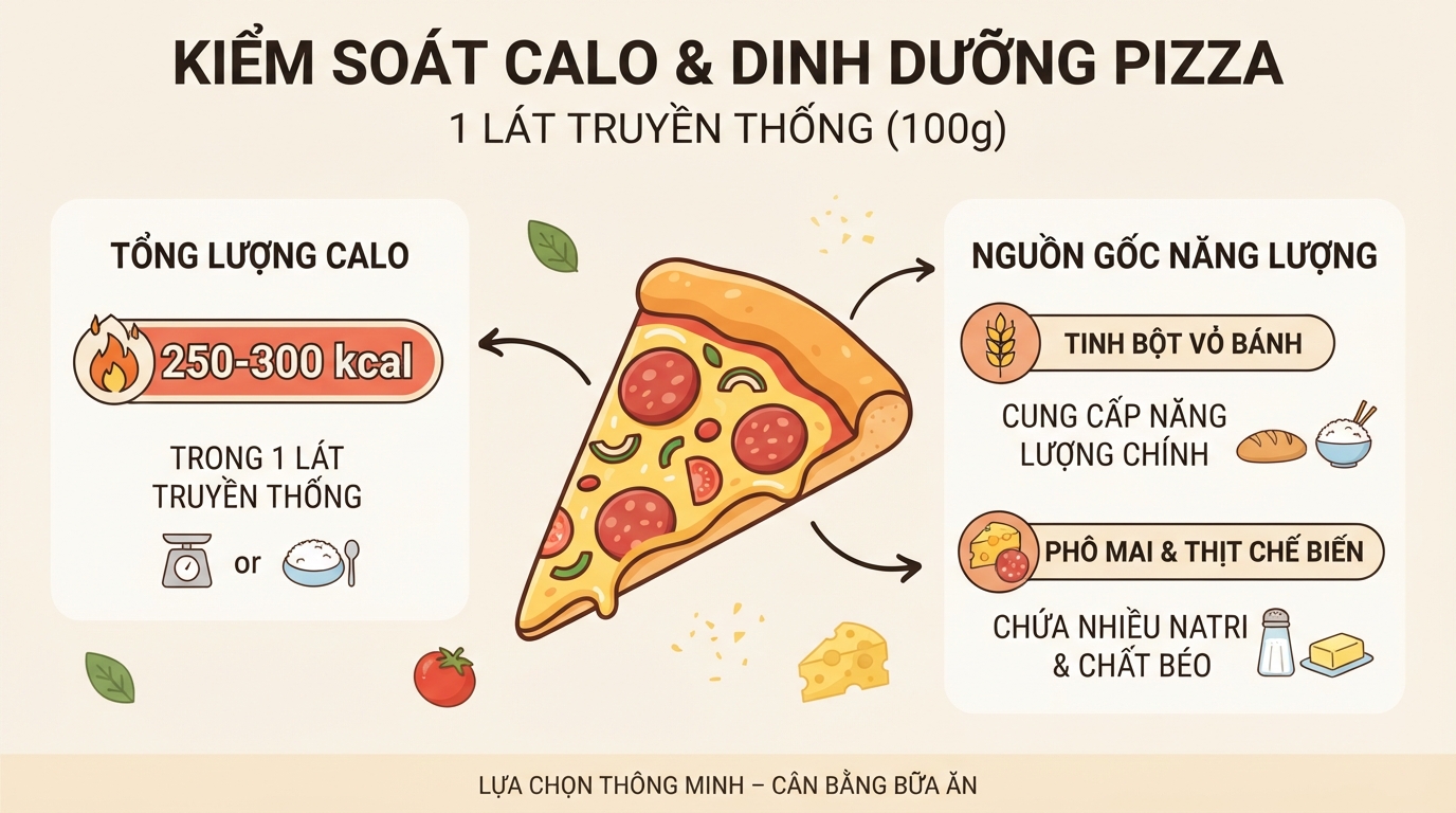 Bảng phân tích calo giúp bạn dễ dàng kiểm soát dinh dưỡng khi thưởng thức bánh pizza.