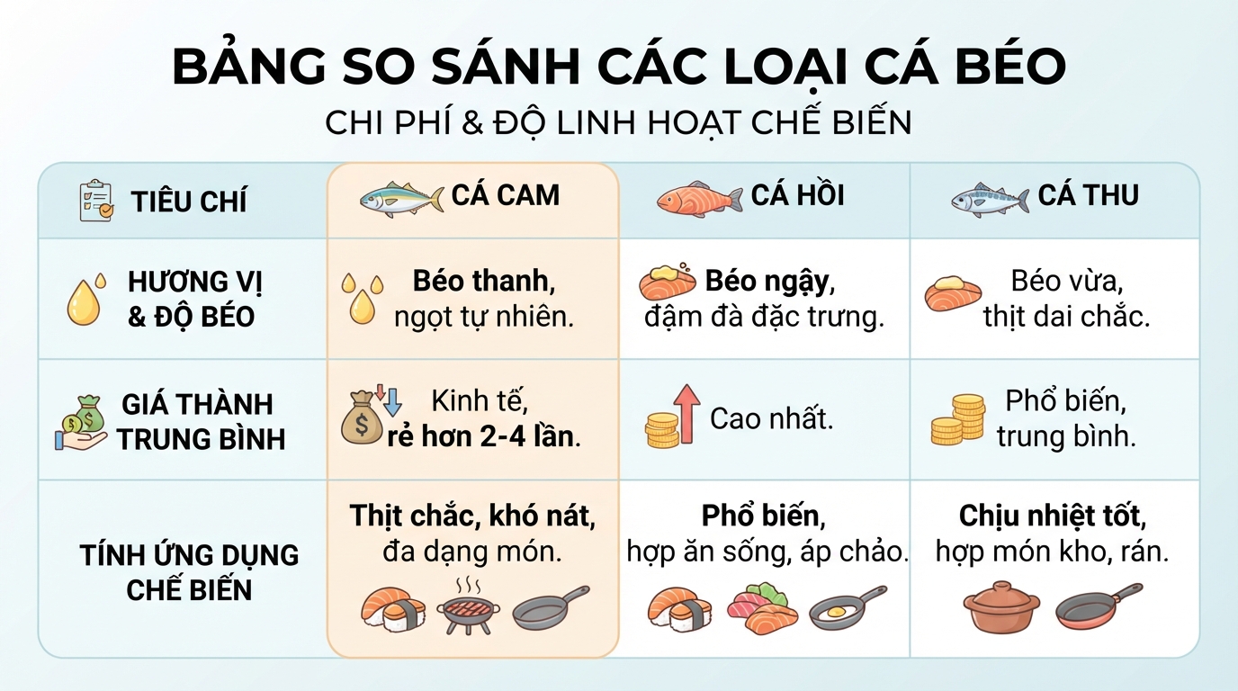 Bảng so sánh chi phí và độ linh hoạt chế biến giữa các loại cá béo.