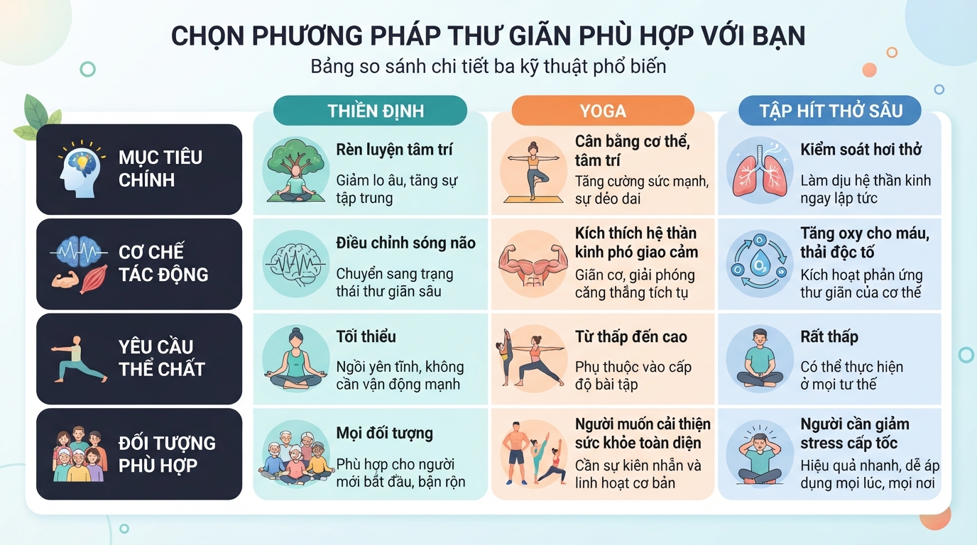 Bảng so sánh chi tiết giúp bạn chọn lựa phương pháp thư giãn phù hợp nhất.